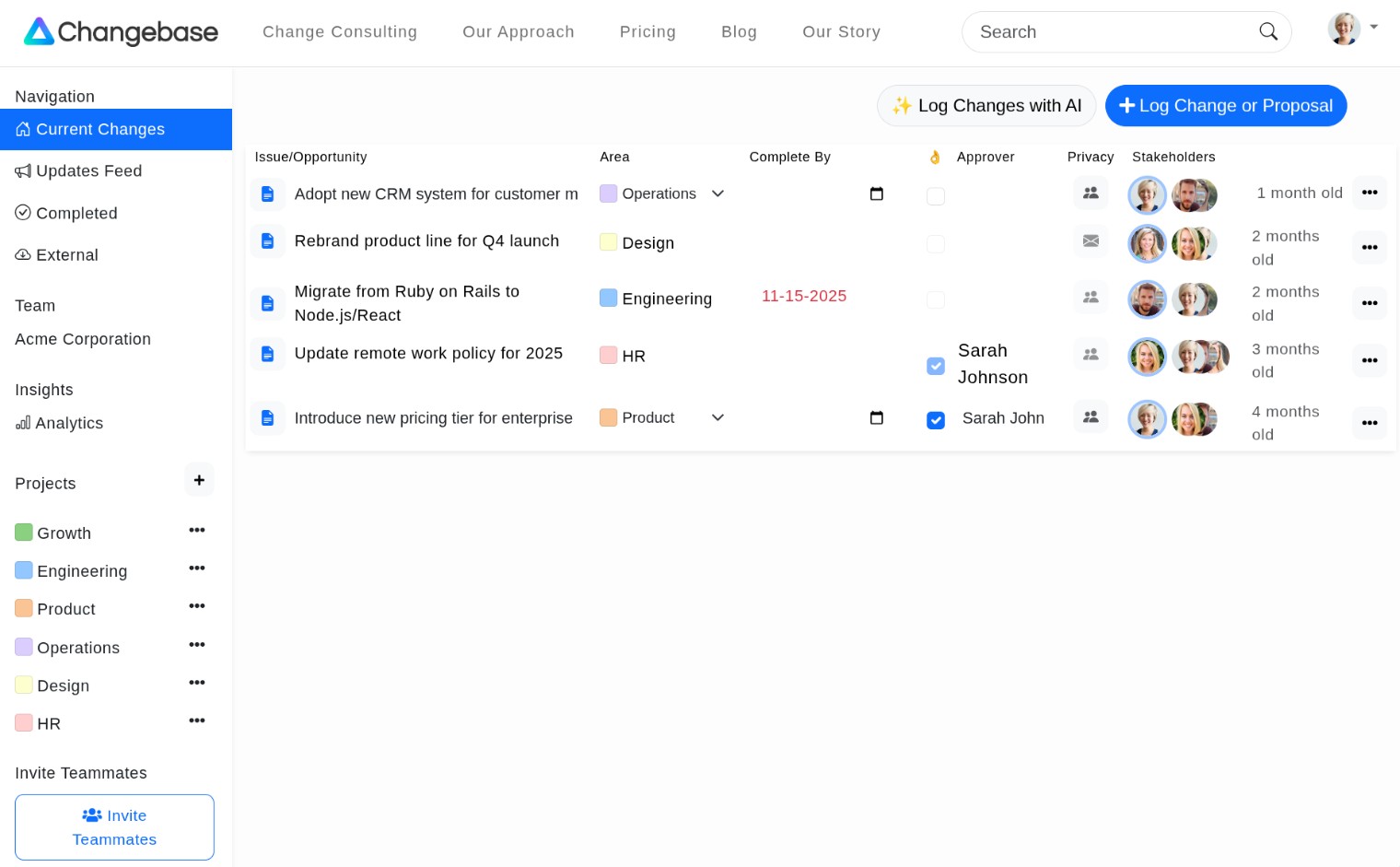 Change log interface screenshot